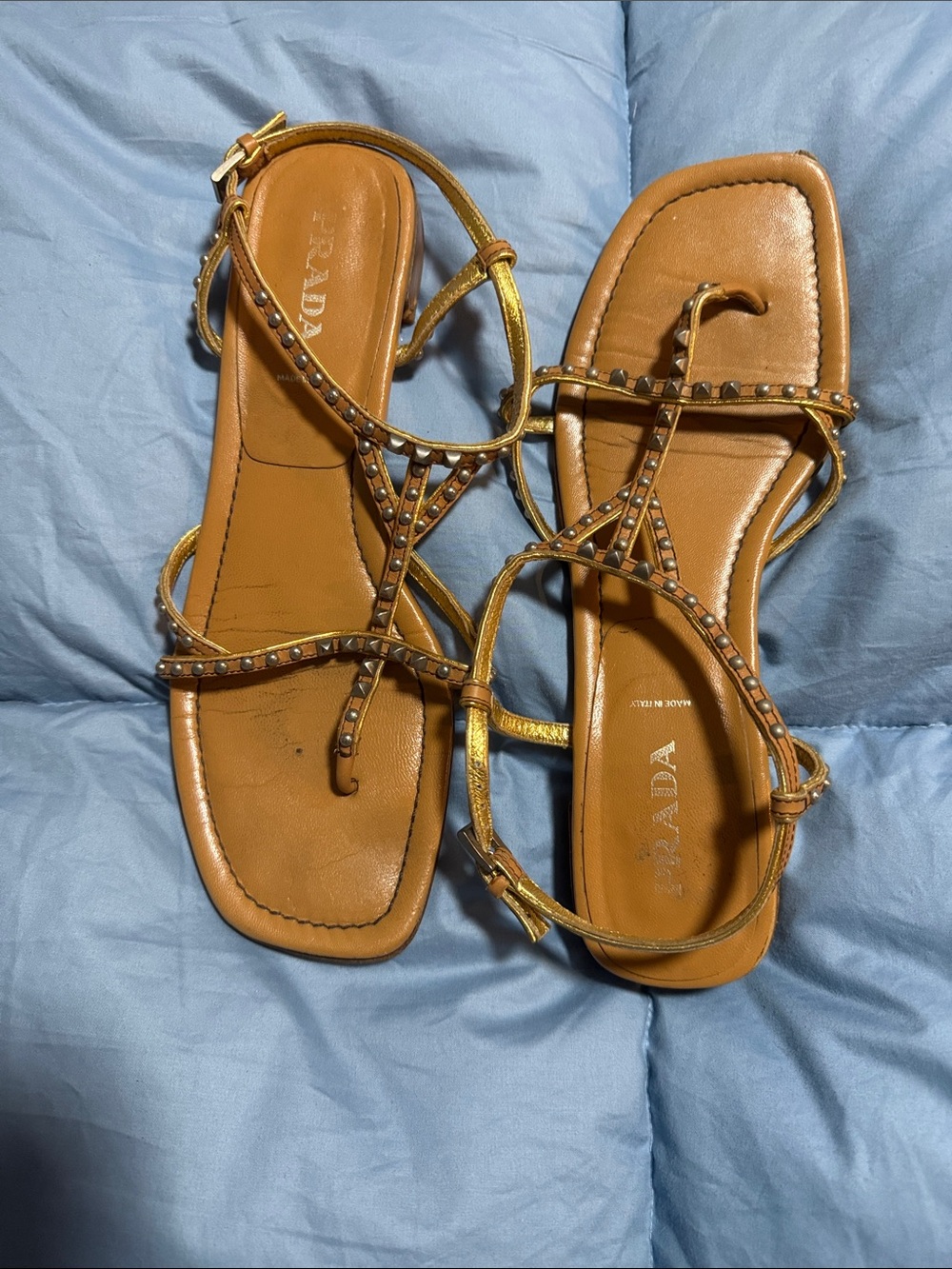Prada Gold Studded Strappy Leather Sandals - Tan